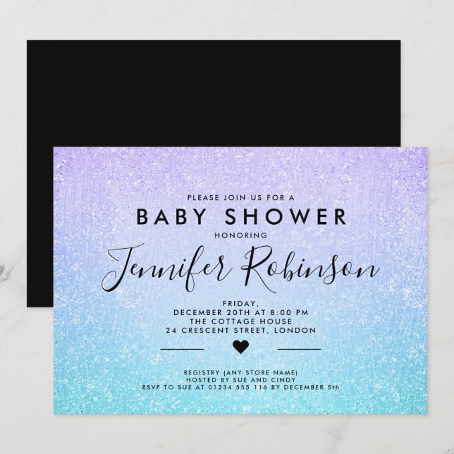 Glitter för baby showerturkoslilor målar inbjudningar (Fram/baksida)