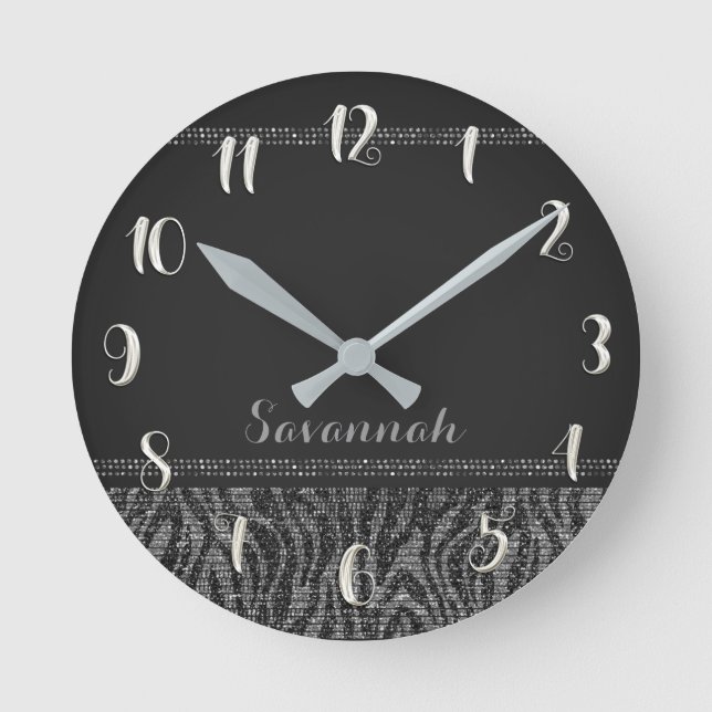 Glitter för Sequins för svart zebra tryck för Rund Klocka (Framsida)