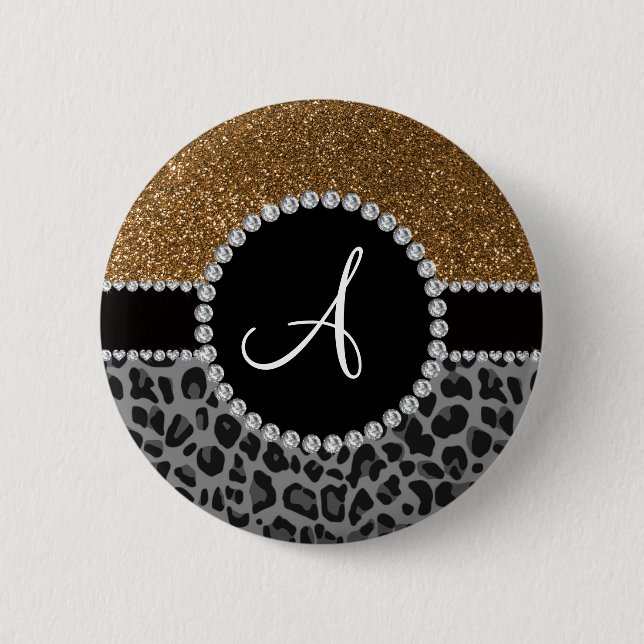 Glitter för svart leopard för Monogram guld- Knapp (Framsida)