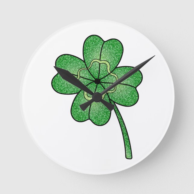 Glitter Four Leaf Clover Rund Klocka (Framsida)