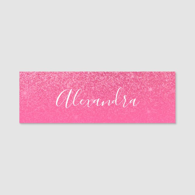 Glitter Girly Sparkly Ro Rosa Script Namn Anpassni Namnbricka (Framsida)