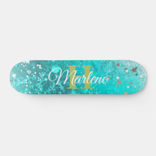 Glitter Girly Teal Sjöjungfru Monogram Namn Fantas Mini Skateboard Bräda 18,5 Cm