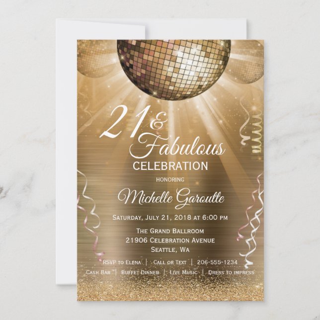 Glitter Glam 21 och Fabulous Guld Disco Boll Inbjudningar (Framsida)