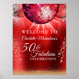 Glitter Glam 50 & Fabulous Red Disco Boll Poster