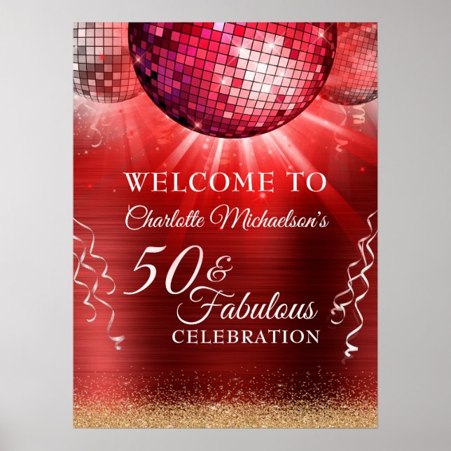 Glitter Glam 50 & Fabulous Red Disco Boll Poster (Framsidan)