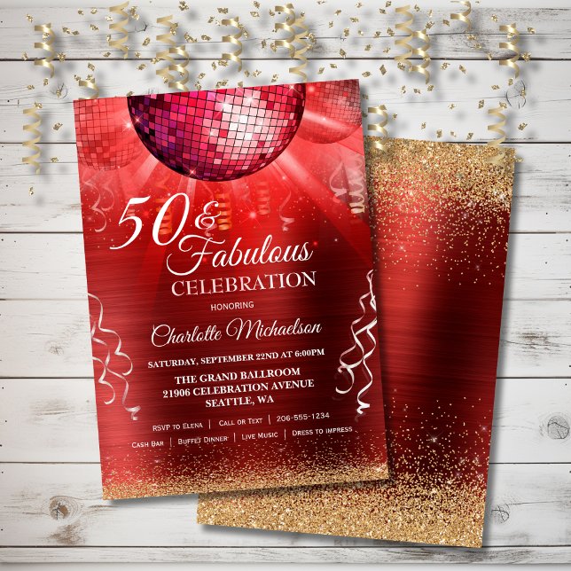 Glitter Glam 50 och Fabulous Red Disco Boll Inbjudningar (Glitter Glam 50 and Fabulous Red Disco Ball Invitation)