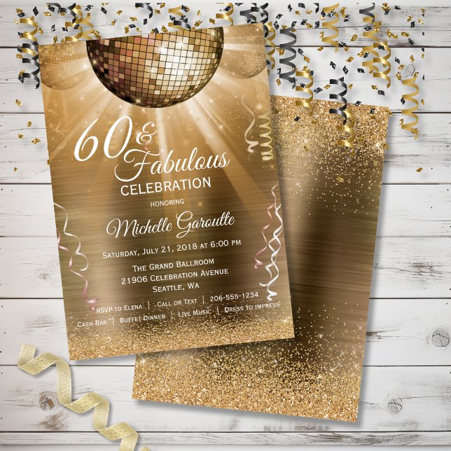 Glitter Glam 60 och Fabulous Guld Disco Boll Inbjudningar (Glitter Glam 60 and Fabulous Gold Disco Ball Invitation)