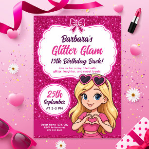 Glitter Glam Birthday Bash Editable Sparkly Rosa Inbjudningar