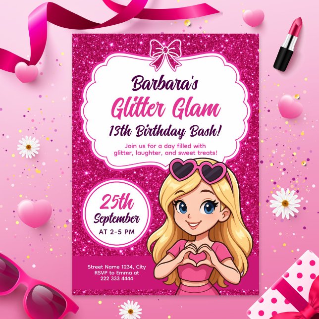 Glitter Glam Birthday Bash Editable Sparkly Rosa Inbjudningar (Skapare uppladdad)