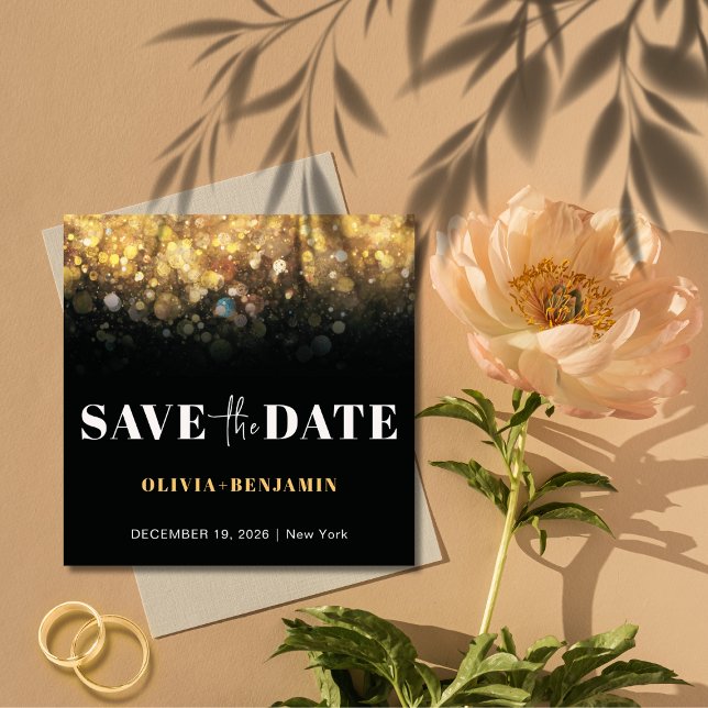 Glitter Glam Black och Guld Bröllop spara datum Inbjudningar (Glitter Glam Black and Gold Wedding Save The Date Invitation)