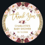 Glitter Glam Burgundy  Blommigt Baby Shower Runt Klistermärke<br><div class="desc">Rund dekal för blommigten guld - ordalydelsen är anpassade med vattenfärgsburgudy för elegant,  rosa ros och guld för glitter för ,  Perfekt,  bachelorette/höna bröllop,  babydusch etc.</div>