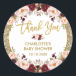 Glitter Glam Burgundy  Blommigt Baby Shower Runt Klistermärke<br><div class="desc">Rund dekal för blommigten guld - ordalydelsen är anpassade med vattenfärgsburgudy för elegant,  rosa ros och guld för glitter för ,  Perfekt,  bachelorette/höna bröllop,  babydusch etc.</div>
