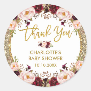 Glitter Glam Burgundy  Blommigt Baby Shower Runt Klistermärke