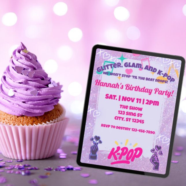 Glitter, Glam, & K-Pop Birthday Party Inbjudningar (Skapare uppladdad)