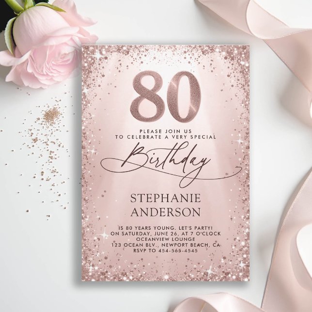 Glitter Glam Ro Guld Calligraphy 80 Birthday Inbjudningar (80th birthday invitation for women glitter sparkle rose gold glam elegant stylish luxury)