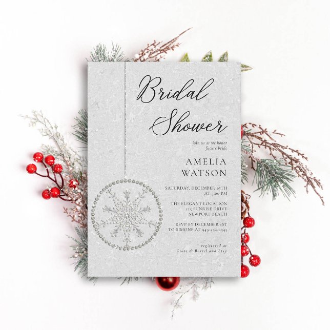 Glitter Glam Snowflake White Winter Möhippa Inbjudningar (winter bridal shower invitation christmas bauble snowflake bling rhinestones glitter calligraphy)