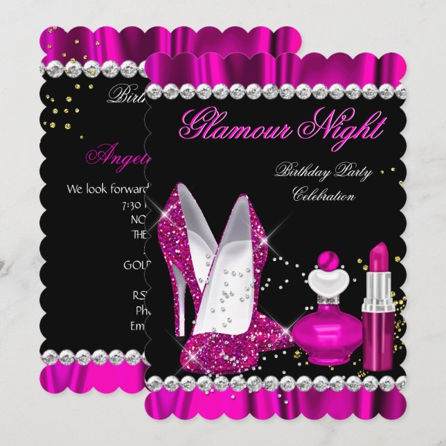 Glitter Glamor Night Deep Rosa Guld Black Party b Inbjudningar (Fram/baksida)