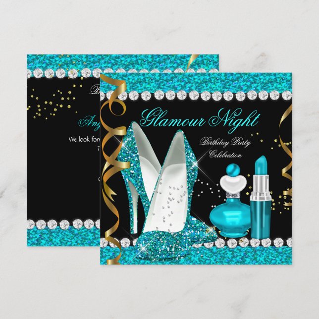 Glitter Glamor Night Teal Blue Guld Black Party 2 Inbjudningar (Fram/baksida)