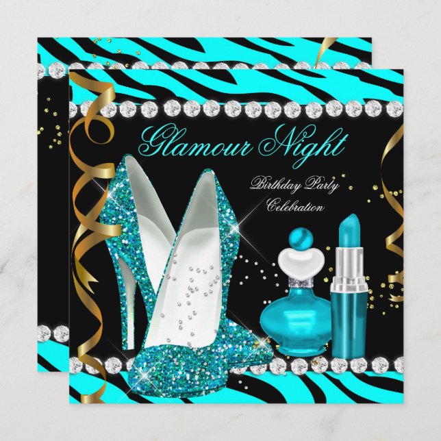Glitter Glamor Night Teal Blue Guld Black Zebra Inbjudningar (Fram/baksida)