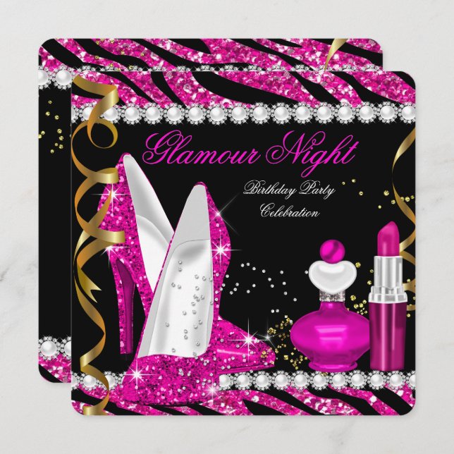 Glitter Glamor Night Zebra Deep Rosa Guld Black 2 Inbjudningar (Fram/baksida)