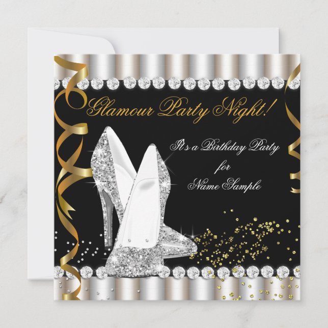 Glitter Glamor Party Night Silver Guld High Heel Inbjudningar (Framsida)