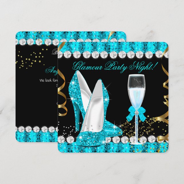 Glitter Glamor Party Night Teal Blue Champagne Inbjudningar (Fram/baksida)