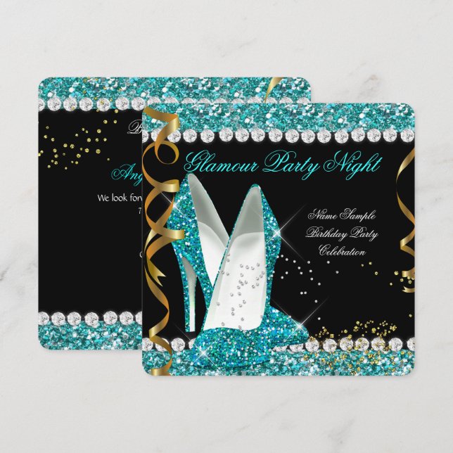 Glitter Glamor Teal aqua Guld Black Party Inbjudningar (Fram/baksida)