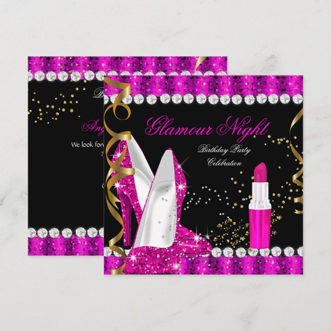 Glitter Glamour Het Rosa Guld Svart Födelsedag Inbjudningar (Fram/baksida)