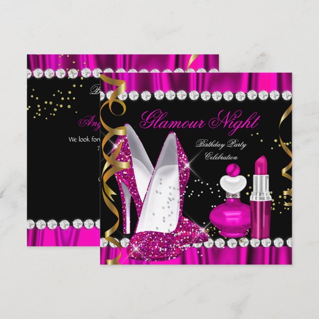 Glitter Glamour Natt Djup Rosa Guld Svart Party 2 Inbjudningar (Fram/baksida)