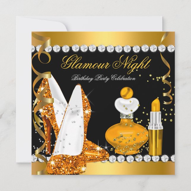 Glitter Glamour Natt Gul Guld Svart Party Inbjudningar (Framsida)