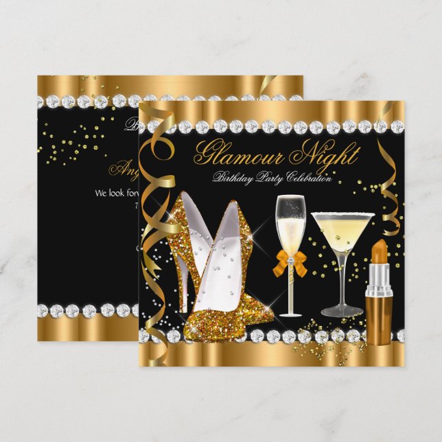 Glitter Glamour Natt Guld Svart Silver Fest Inbjudningar (Fram/baksida)