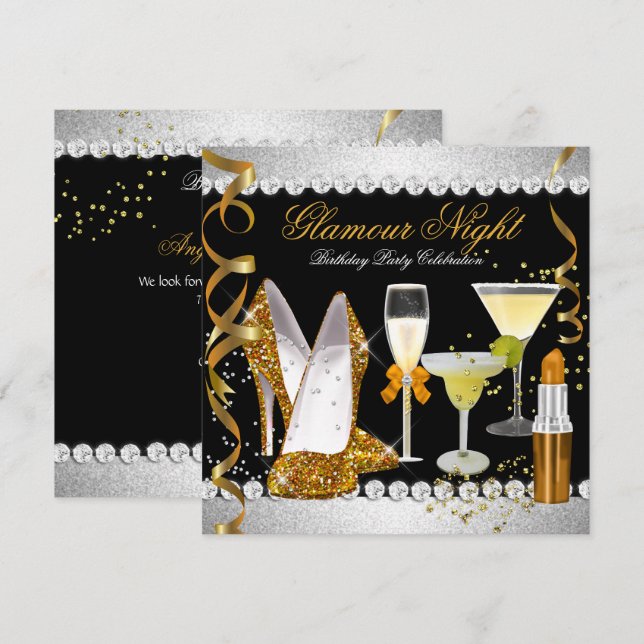 Glitter Glamour Natt Guld Svart Silver Fest Inbjudningar (Fram/baksida)