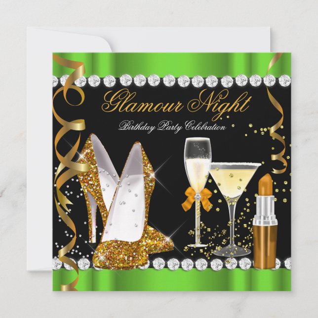 Glitter Glamour Natt Lime Grön Guld Svart Party Inbjudningar (Framsida)