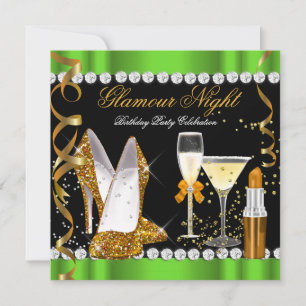 Glitter Glamour Natt Lime Grön Guld Svart Party Inbjudningar