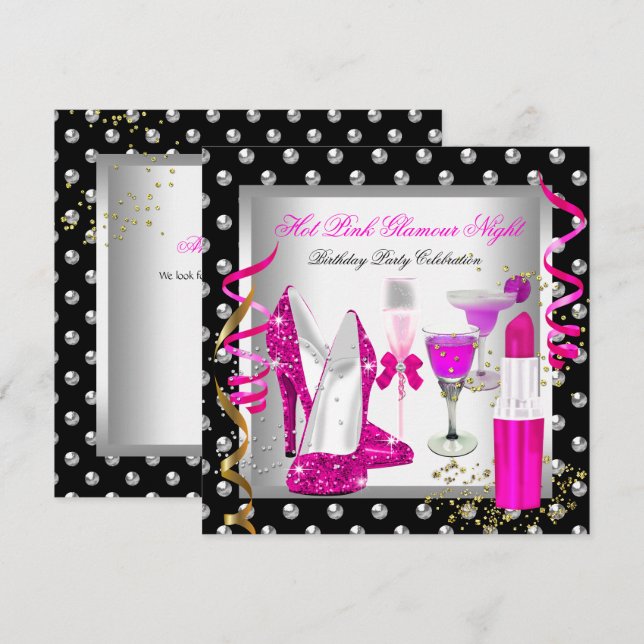Glitter Glamour Natt Rosa Silver Födelsedagsfest Inbjudningar (Fram/baksida)