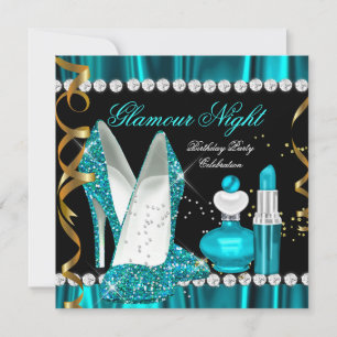 Glitter Glamour Natt Teal Blå Guld Svart Party 3 Inbjudningar