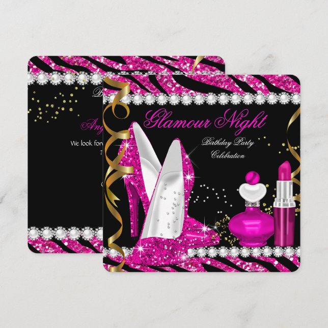 Glitter Glamour Natt Zebra Djup Rosa Guld Svart 2 Inbjudningar (Fram/baksida)