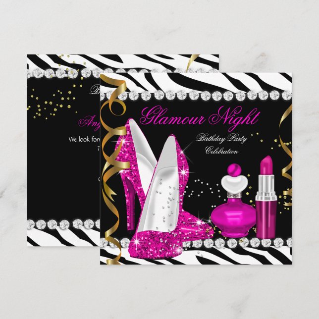 Glitter Glamour Natt Zebra Djup Rosa Guld Svart Inbjudningar (Fram/baksida)