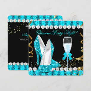 Glitter Glamour Party Natt Teal Blå Champagne Inbjudningar