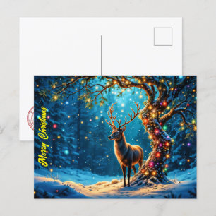 Glitter glans i snö, färgad hjort vid jul vykort