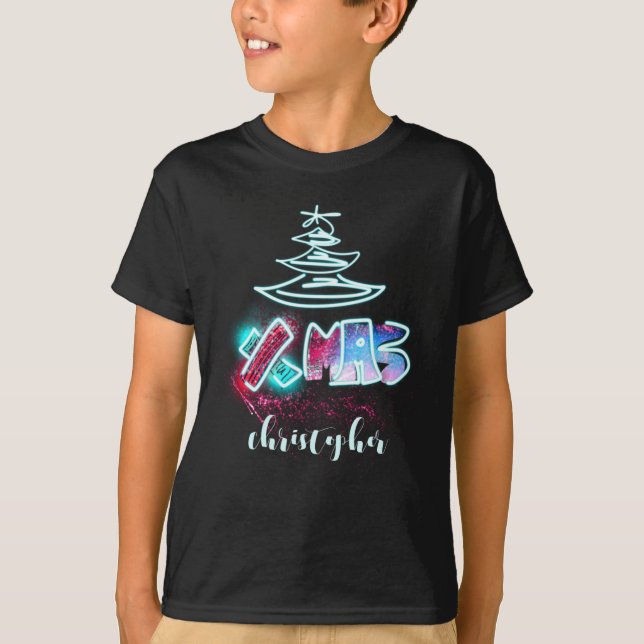 Glitter Glow Tree Blue And Red Xmas Tygraphy Toddl T Shirt (Framsida)