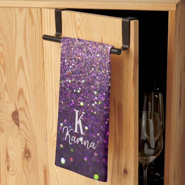 Glitter gnistrande lila silver namngiven monogram kökshandduk (Thirds Fold)