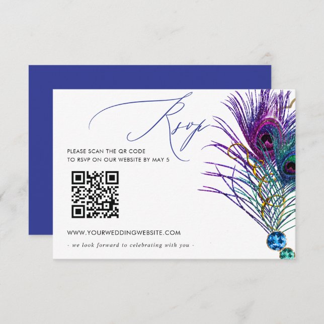 Glitter Gold Blue Purple Peacock Plume QR CODE OSA Kort (Fram/baksida)