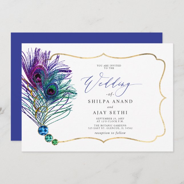 Glitter Gold Blue Purple Peacock Plume Wedding Inbjudningar (Fram/baksida)