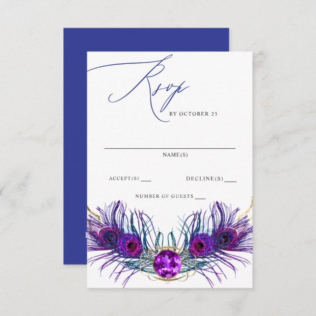 Glitter Gold Blue Purple Peacock Plume Wedding  OSA Kort (Fram/baksida)