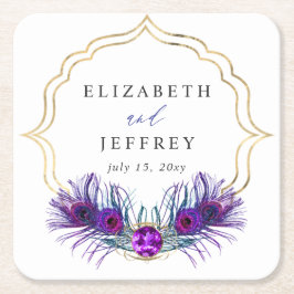 Glitter Gold Blue Purple Peacock Plume Wedding Underlägg Papper Kvadrat