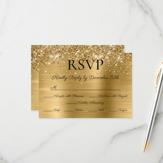 Glitter Gold Foil Elegant Calligraphy Wedding OSA Kort (Fram/Back In Situ)