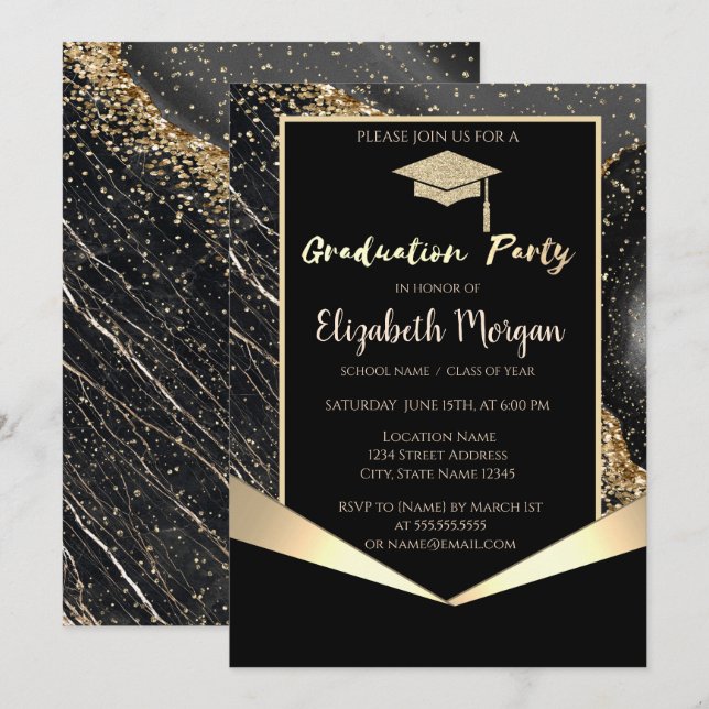 Glitter Grad Cap,Confetti Black Marble Studenten Inbjudningar (Fram/baksida)