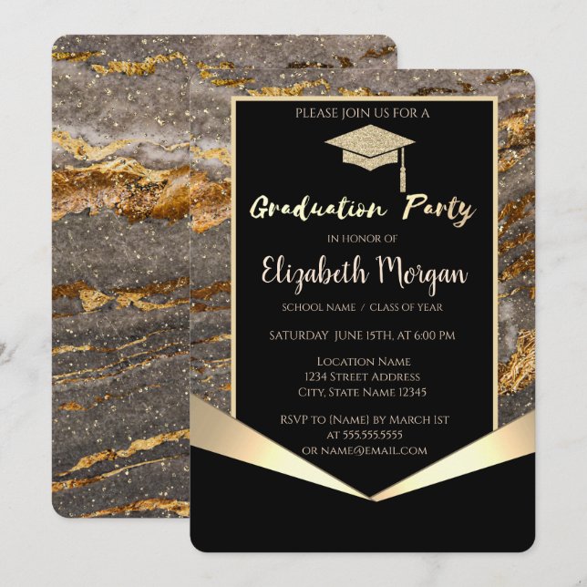 Glitter Grad Cap,Confetti Stone Marble Studenten Inbjudningar (Fram/baksida)