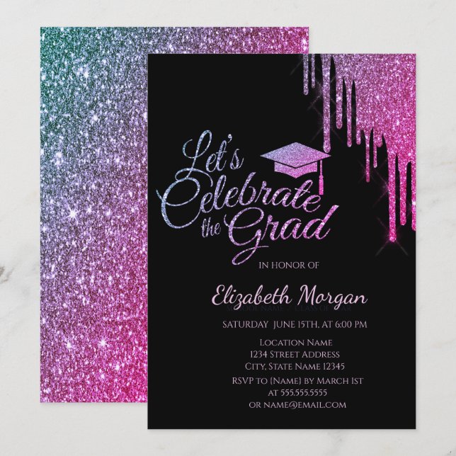 Glitter Grad Cap,Färga Glitter-drivrutiner Student Inbjudningar (Fram/baksida)